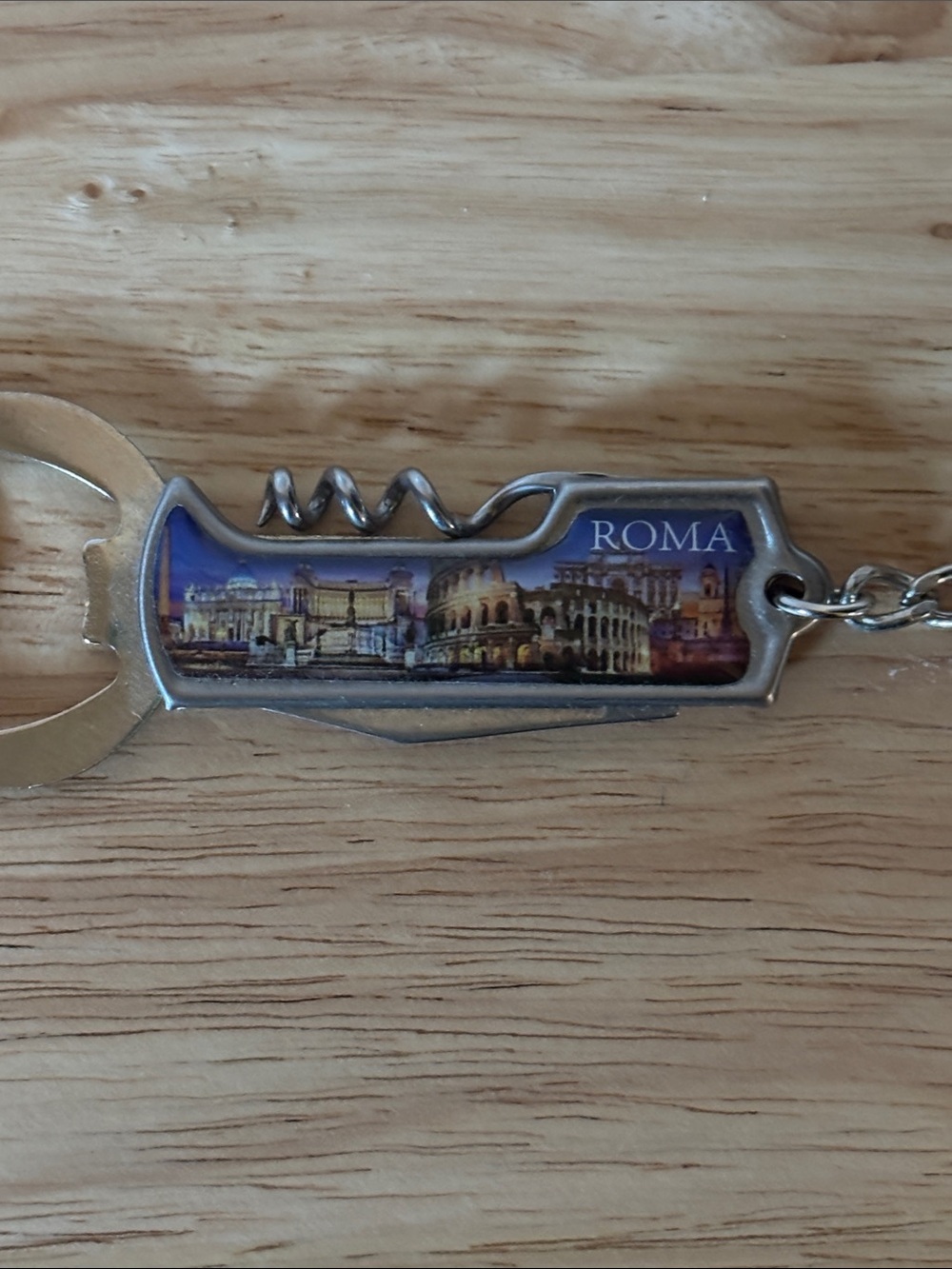 Roma Stainless Steel Bottle Opener Keychain with Corkscrew